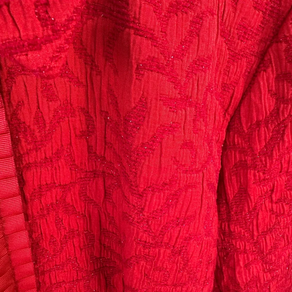 Coldwater Creek Women's Red Jacket Textured Sparkle‎ Leaf Jaquard Ruffle Trim L